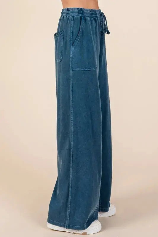 Mittoshop Mineral Wash French Terry Drawstring Wide Leg Pants - Love Salve